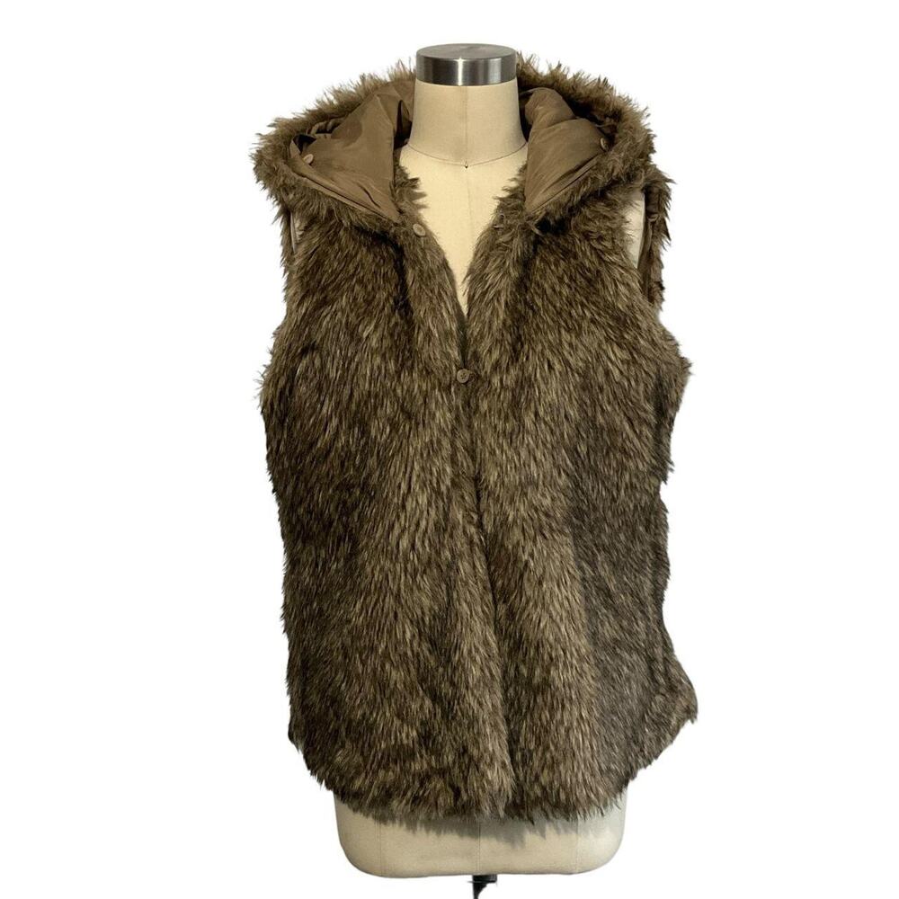 Brown Hooded Fur Vest Jacket: 90s, Y2K